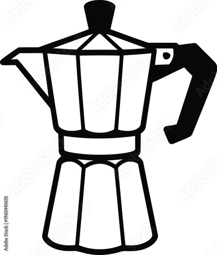 Moka pot outline drawing symbolizes traditional stovetop espresso coffee brewing equipment for beverage concepts.
