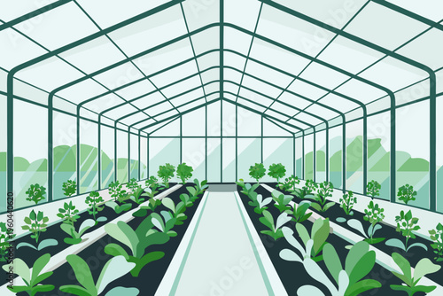 Inside a glass greenhouse with rows of growing plants and vegetables