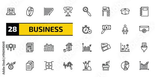 business outline icon set. 28 linear vector for ui, web and mobile. thin line laptop profits graphics, quarter pie chart, depleting chart and more icons.