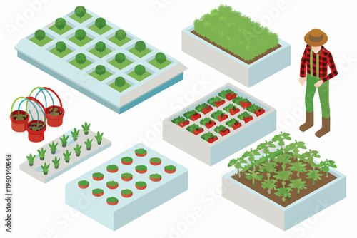 Isometric illustration of urban farming with plants and a gardener