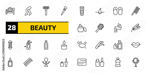 beauty outline icon set. 28 linear vector for ui, web and mobile. thin line make up, legs, razor and more icons.