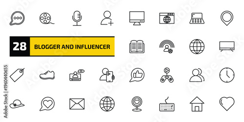 blogger and influencer outline icon set. 28 linear vector for ui, web and mobile. thin line comment, film reel, microphone and more icons.