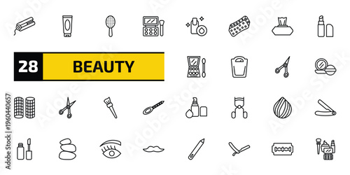 beauty outline icon set. 28 linear vector for ui, web and mobile. thin line flat iron, cream tube, inclined hairbrush and more icons.