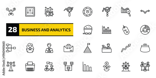 business and analytics outline icon set. 28 linear vector for ui, web and mobile. thin line worker money time, tones, production and more icons.