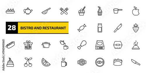 bistro and restaurant outline icon set. 28 linear vector for ui, web and mobile. thin line nachos plate, vintage teapot, strainer with handle and more icons.