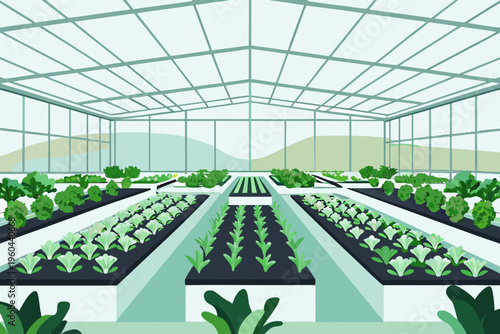 A vibrant stylized greenhouse interior filled with rows of growing plants