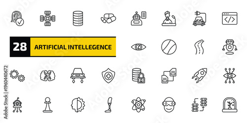 artificial intellegence outline icon set. 28 linear vector for ui, web and mobile. thin line biometrics, nano sensor, database and more icons.