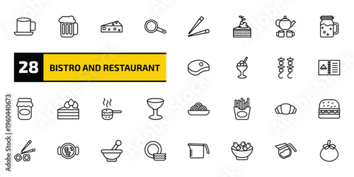 bistro and restaurant outline icon set. 28 linear vector for ui, web and mobile. thin line breakfast cup, foamy beer jar, piece of cheese and more icons.