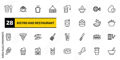 bistro and restaurant outline icon set. 28 linear vector for ui, web and mobile. thin line yogurt with spoon, spaghetti bolognese, toasted bread and more icons.