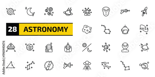 astronomy outline icon set. 28 linear vector for ui, web and mobile. thin line uranus with satellite, blue moon, planets and more icons.