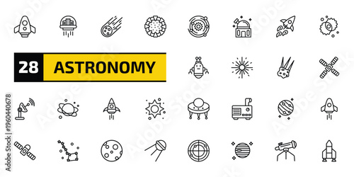 astronomy outline icon set. 28 linear vector for ui, web and mobile. thin line space shuttle, space colony, meteorite falling and more icons.