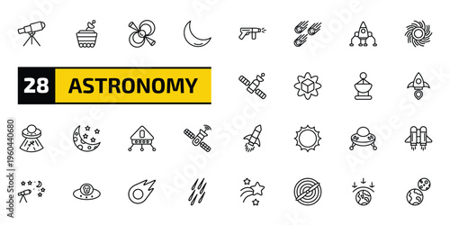astronomy outline icon set. 28 linear vector for ui, web and mobile. thin line telescope pointing up, moonwalker, pulsar and more icons.
