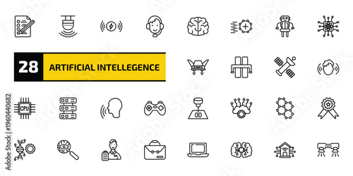 artificial intellegence outline icon set. 28 linear vector for ui, web and mobile. thin line check list, motion sensor, wireless charging and more icons.