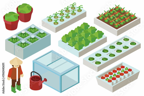 Isometric illustration of a modern farm and agricultural growing systems