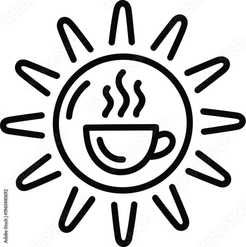 Stylized sun icon prominently features a steaming hot coffee cup centered within its bright circular body.