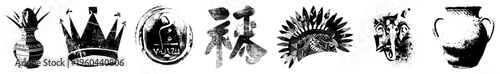Stylized ancient pot, regal crown, circular seal, kanji character, feather headdress, elephant mask, and amphora all rendered in bold halftone vector graphics.
