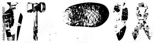 Graphic design elements composed of broken, halftone textures, and bold silhouettes, ideal for modern digital art, UI/UX, or print.