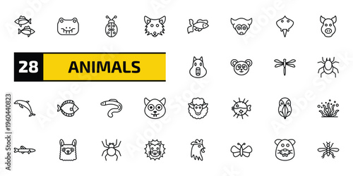 animals outline icon set. 28 linear vector for ui, web and mobile. thin line tuna, crocodile, ladybug and more icons.