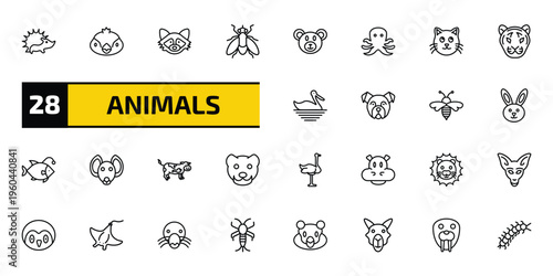 animals outline icon set. 28 linear vector for ui, web and mobile. thin line hedgehog, sparrow, racoon and more icons.