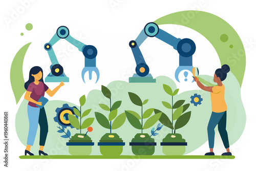 People interacting with robotic arms amidst plants and technological elements