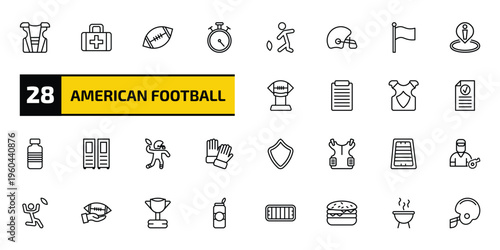 american football outline icon set. 28 linear vector for ui, web and mobile. thin line shoulder pad, first aid kit, american football ball and more icons.
