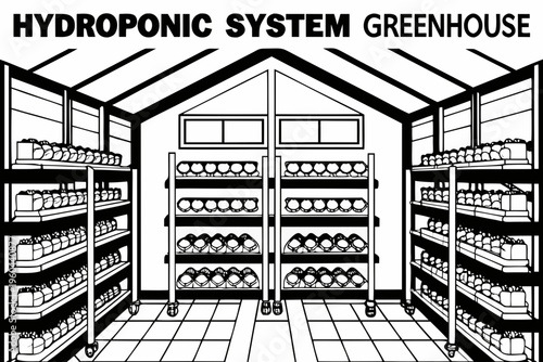 Schematic illustration of a hydroponic greenhouse growing system with shelving