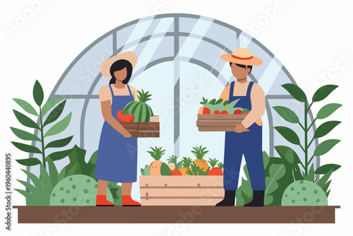Farmers harvesting fresh produce within a vibrant greenhouse setting