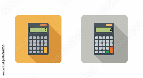 Icon set of two calculator illustrations with long shadows on yellow and gray backgrounds.