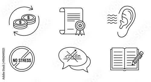 Illustration Set Representing Stress Relief, Hearing, Learning, and Communication.