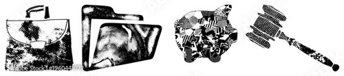 Classic briefcase, document folder, piggy bank, auction gavel all rendered in halftone vector style,, isolated for design use.