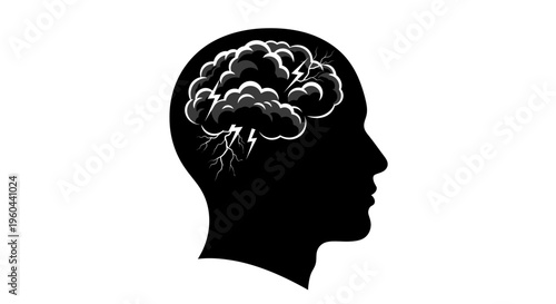 Human Head Silhouette with Storm Clouds and Lightning in Brain, Mental Health Crisis and Emotional Stress Illustration, Psychological Pressure, Depression and Anxiety Awareness Concept