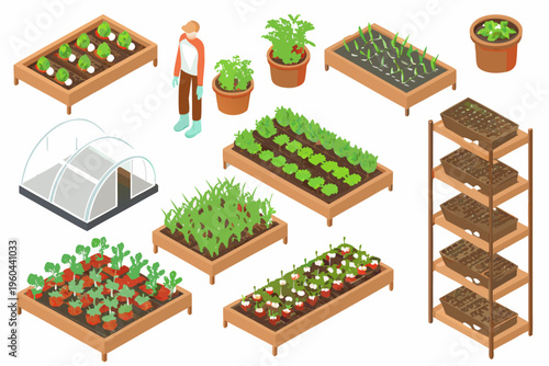 Isometric view of a vibrant garden with various plants and structures