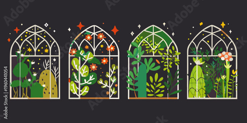 Four gothic windows displaying different desert and floral plant arrangements