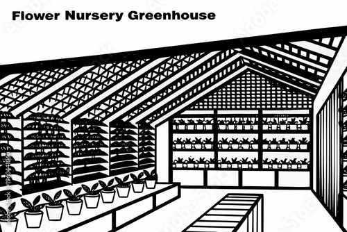 A black and white illustration of a greenhouse filled with potted plants