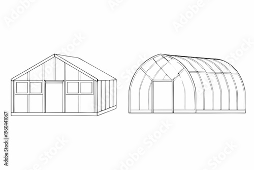 Line drawing of two different shed designs gable and quonset styles