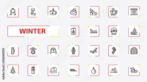 winter outline icon set. 25 linear vector for ui, web and mobile. thin line turtleneck sweater, christmas sock, hot drink and more icons.