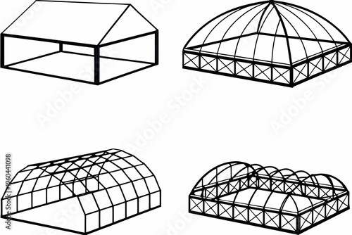 Line drawing illustrating various geometric dome and frame structures