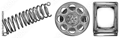 Classic mechanical spring, film reel with perforations, retro TV screen with dot matrix, vector illustrations, technical artifacts.