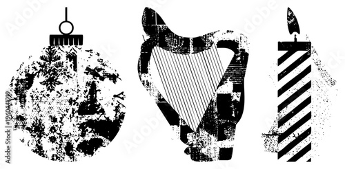 Distressed black silhouettes of Christmas ornament with snowflakes, harp with strings, and striped candle with flame graphic design elements with vintage texture.