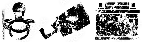 Graphic elements featuring fragmented shapes, glitched typography, and halftone noise textures, ideal for digital art or UI design.