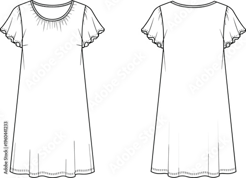WebTechnical flat fashion illustration of short-sleeved flutter dress with round neckline, gathered detail, A-line silhouette, front and back construction design drawing