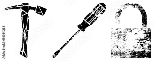 Vector tools and security symbols with cracked, grainy texture pickaxe for mining, screwdriver for repair, padlock for locking isolated graphic elements for UI or design.