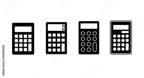 Set of four handheld calculators in black silhouette icons for technology and finance concepts.