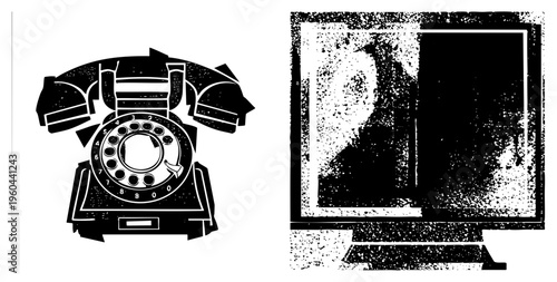 Retro rotary telephone and pixelated monitor with static noise, analog communication device, digital screen, black and white vector art, tech evolution symbol.