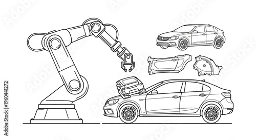 Robotic arm assembling car parts.