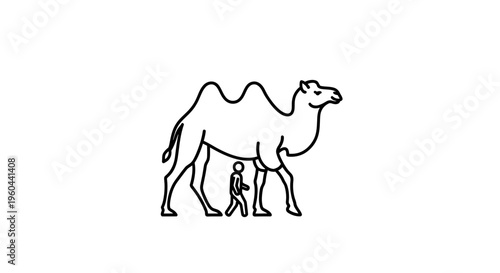 Minimalist two-humped camel icon with a tiny person walking beneath its sturdy form