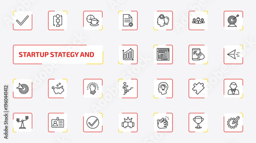 startup stategy and outline icon set. 25 linear vector for ui, web and mobile. thin line valid, flowchart, coffee break and more icons.