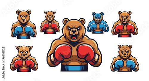 Collection Of Aggressive Bear Boxers With Red And Blue Gloves Ready For Combat Competition In A Sports Arena