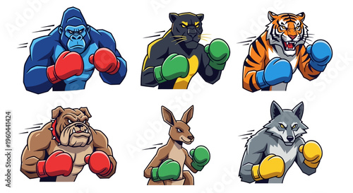 Collection Of Six Anthropomorphic Animals Wearing Boxing Gloves Ready For A Fierce Competition Showcasing Their Athleticism