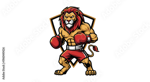 Muscular Fierce Lion Warrior Wearing Boxing Gloves and Shorts Ready for Combat on White Background Fierce Animal Emblem Mascot Design